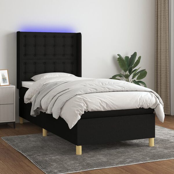 vidaXL Sommier &agrave; lattes de lit matelas et LED Noir 90x190 cm Tissu