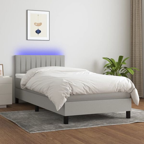 vidaXL Sommier &agrave; lattes de lit avec matelas et LED Gris clair 90x190cm