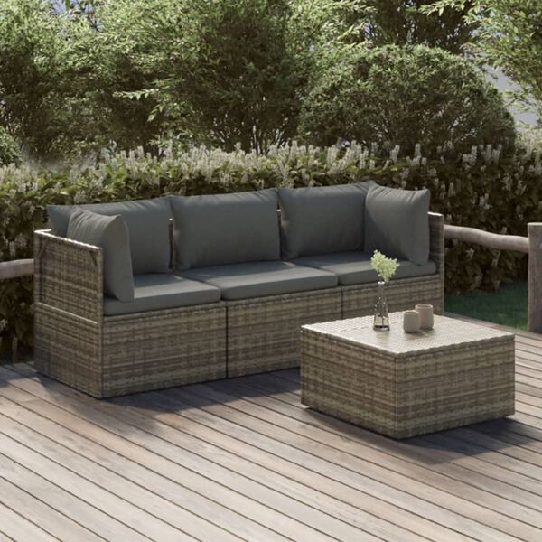 vidaXL Salon de jardin 4 pcs avec coussins Gris R&eacute;sine tress&eacute;e