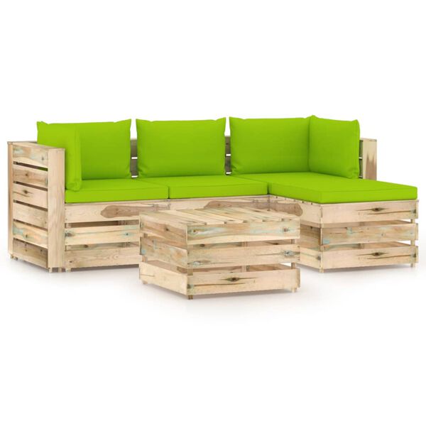 vidaXL Salon de jardin 5 pcs avec coussins Bois impr&eacute;gn&eacute; de vert