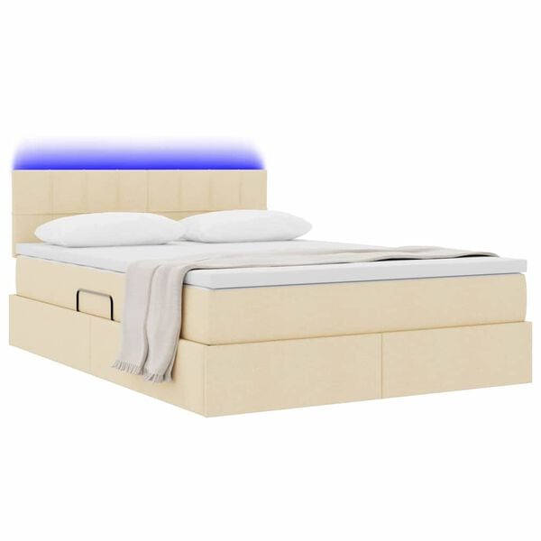 vidaXL Lit avec rangement et LED avec matelas Cr&egrave;me 140 x 190 cm tissu