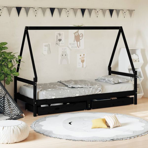 vidaXL Cadre de lit enfant tiroirs noir 80x200 cm bois de pin massif
