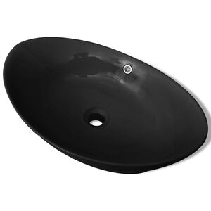 vidaXL Lavabo ovale en c&eacute;ramique noir avec trop plein 59 x 38,5 cm