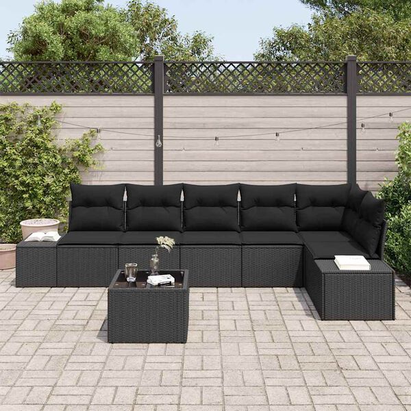 vidaXL Ensemble de canapé de jardin avec coussin 7 pcs Noir polyrotin