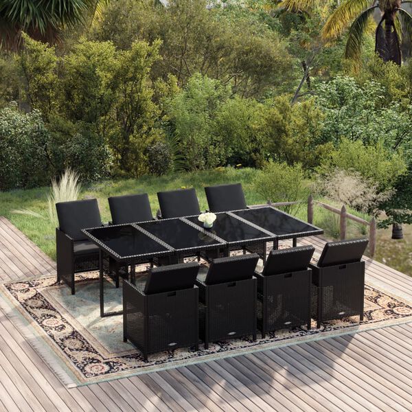 vidaXL Ensemble &agrave; manger de jardin coussins 9pcs R&eacute;sine tress&eacute;e Noir