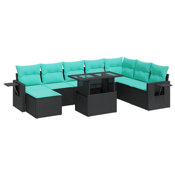 vidaXL Salon de jardin avec coussins 9 pcs noir r&eacute;sine tress&eacute;e acacia
