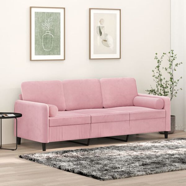 vidaXL Canap&eacute; 3 places avec oreillers d&eacute;coratifs rose 180 cm velours
