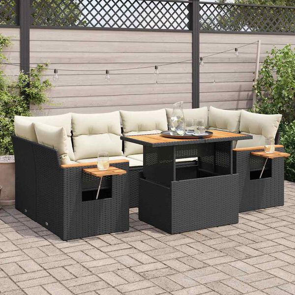 vidaXL Salon de jardin avec coussins 7 pcs noir résine tressée acacia