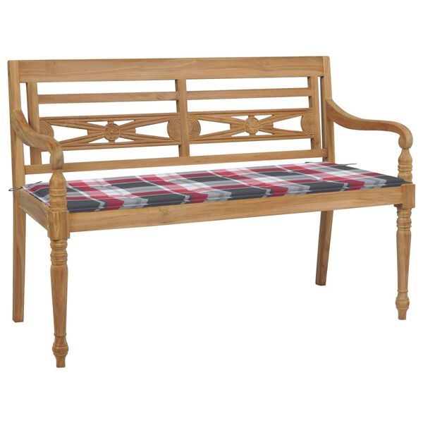 vidaXL Banc Batavia avec coussin &agrave; carreaux rouge 120 cm Bois de teck