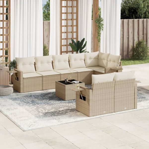 vidaXL Salon de jardin avec coussins 9 pcs beige r&eacute;sine tress&eacute;e