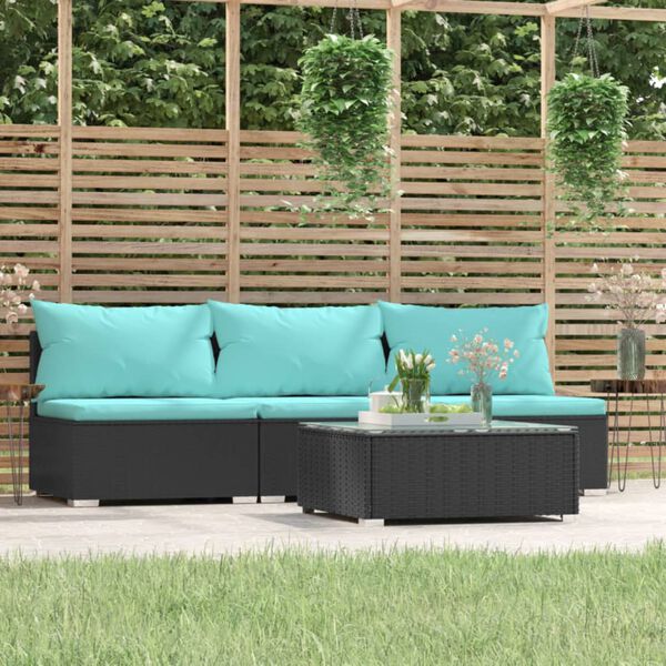 vidaXL Salon de jardin 4 pcs avec coussins Noir Résine tressée