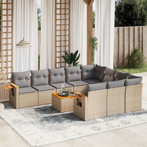 vidaXL Salon de jardin 11 pcs avec coussins beige r&eacute;sine tress&eacute;e