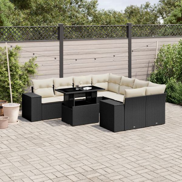 vidaXL Salon de jardin 9 pcs avec coussins noir résine tressée