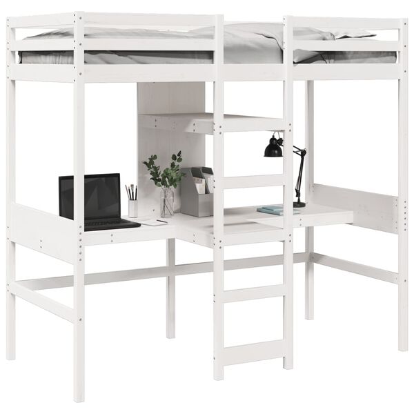 vidaXL Lit mezzanine avec bureau et &eacute;tag&egrave;res blanc 90x200cm pin massif
