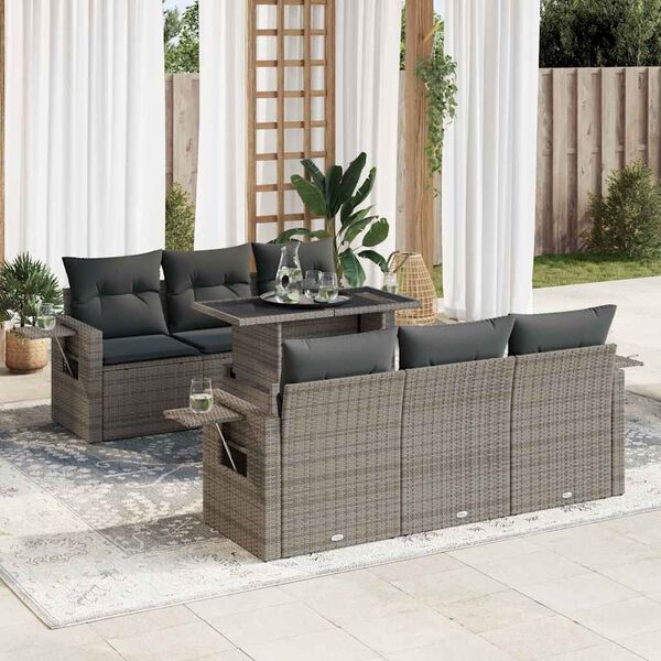 vidaXL Salon de jardin avec coussins 7 pcs gris r&eacute;sine tress&eacute;e