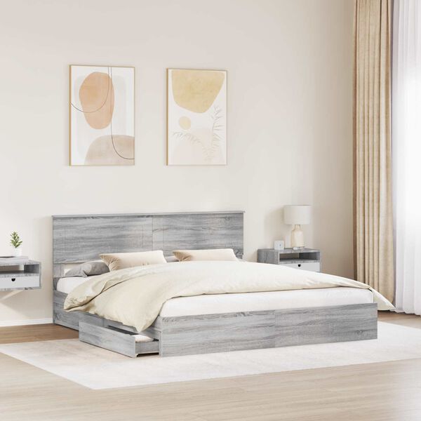 vidaXL Lit de Rangement Gris Sonoma 200 x 200 cm Bois d'ing&eacute;nierie