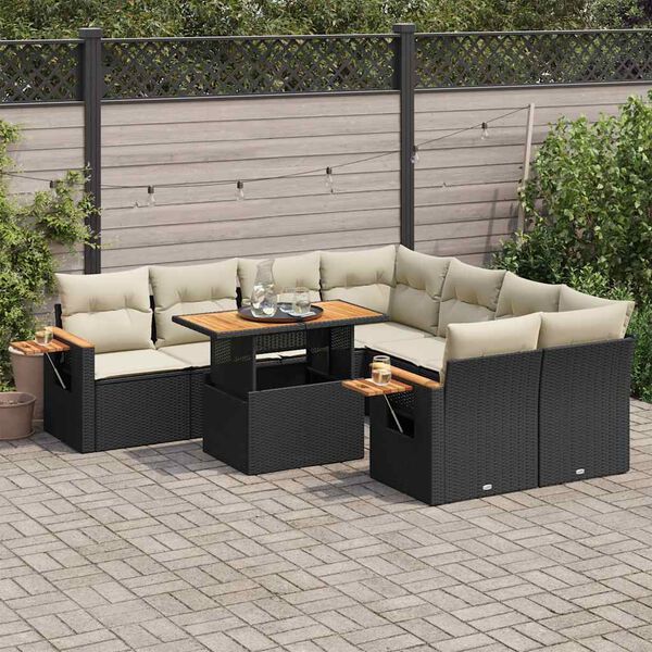 vidaXL Salon de jardin avec coussins 9 pcs noir r&eacute;sine tress&eacute;e acacia