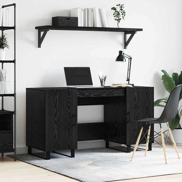 vidaXL Bureau avec porte Ch&ecirc;ne noir 140 x 50 x 75 cm Bois d'ing&eacute;nierie