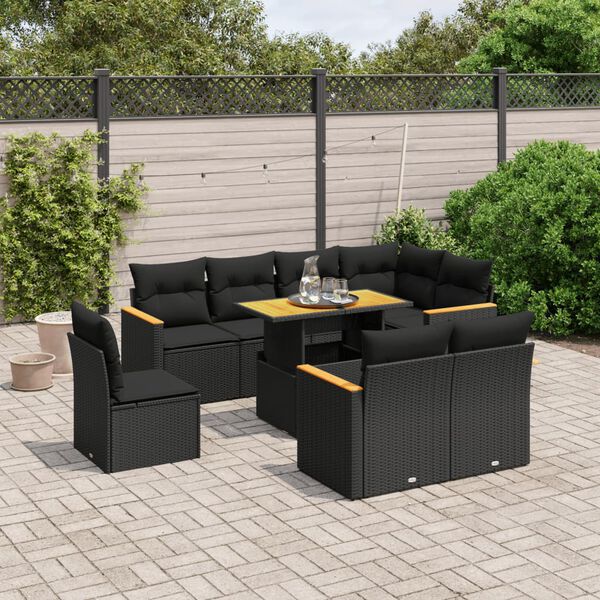 vidaXL Salon de jardin 9 pcs avec coussins noir r&eacute;sine tress&eacute;e