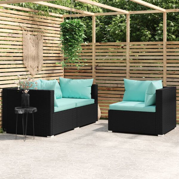 vidaXL Salon de jardin 3 pcs avec coussins Noir R&eacute;sine tress&eacute;e