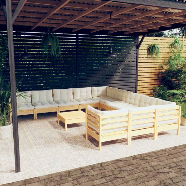 vidaXL Salon de jardin 12 pcs avec coussins cr&egrave;me Bois de pin