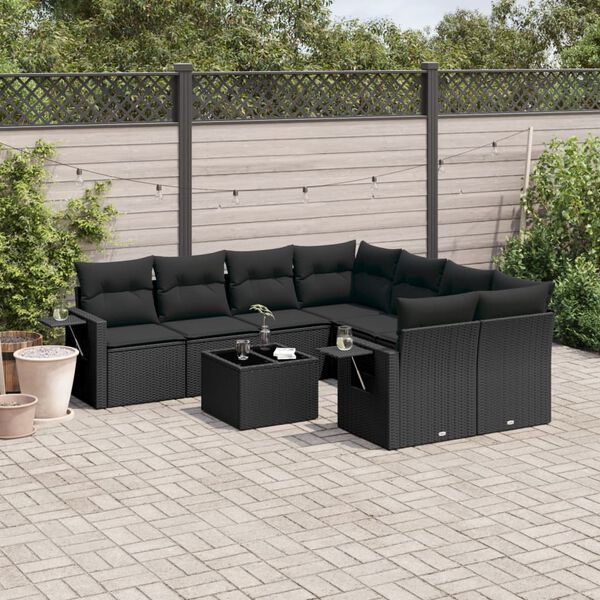 vidaXL Salon de jardin 9 pcs avec coussins noir r&eacute;sine tress&eacute;e