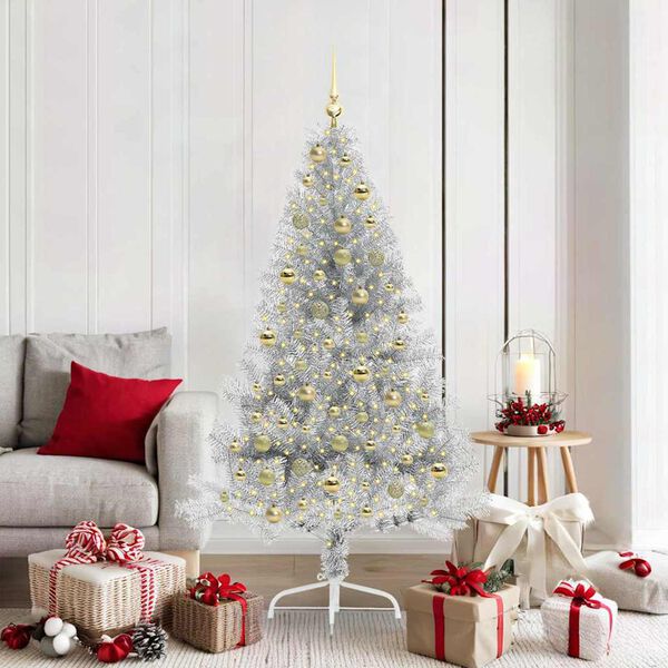 vidaXL Sapin de No&euml;l artificiel pr&eacute;-&eacute;clair&eacute; Argent 180 cm PET