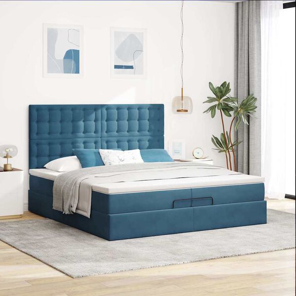 vidaXL Cadre de lit ottoman avec matelas bleu fonc&eacute; 200x200 cm velours