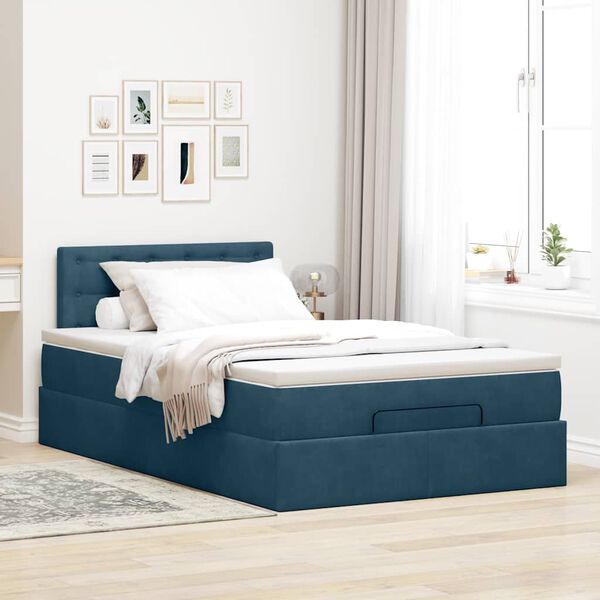 vidaXL Lit ottoman avec matelas et LED bleu fonc&eacute; 90x200cm velours