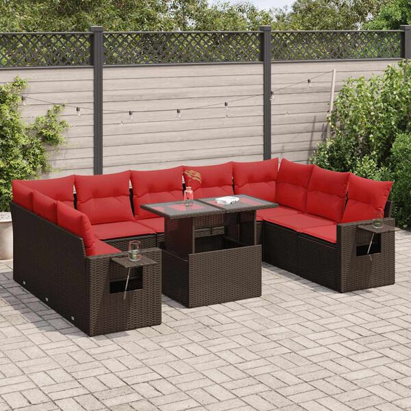 vidaXL Salon de jardin 10 pcs et coussins marron r&eacute;sine tress&eacute;e acacia