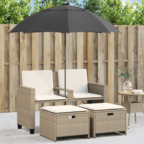vidaXL Canap&eacute; de jardin 2 places avec parasol et tabourets beige rotin