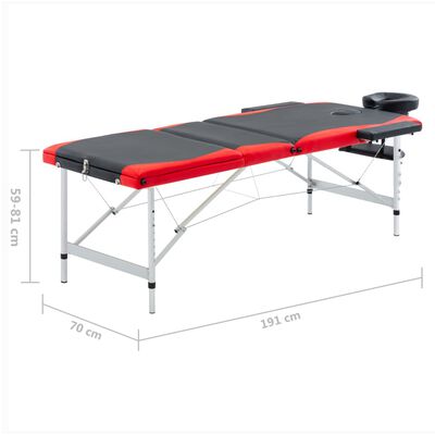 vidaXL Table de massage pliable 3 zones Aluminium Noir et rouge