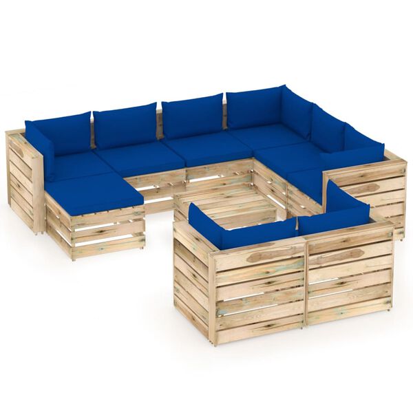 vidaXL Salon de jardin 10 pcs avec coussins Bois impr&eacute;gn&eacute; de vert