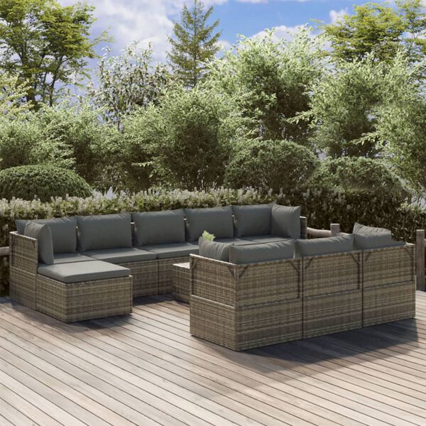 vidaXL Salon de jardin 11 pcs avec coussins Gris R&eacute;sine tress&eacute;e
