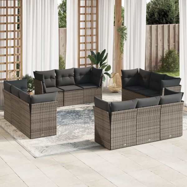 vidaXL Salon de jardin avec coussins 12 pcs gris r&eacute;sine tress&eacute;e