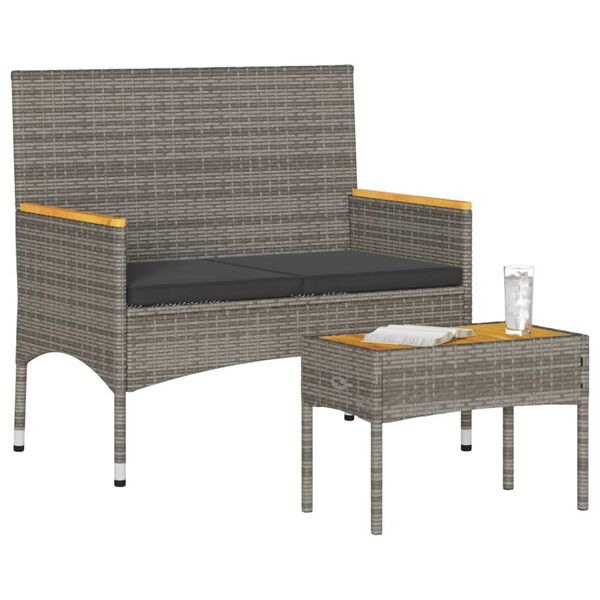 vidaXL Banc de jardin 2 places avec coussins/table gris r&eacute;sine tress&eacute;e