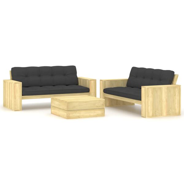 vidaXL Salon de jardin 3 pcs avec coussins bois de pin impr&eacute;gn&eacute;