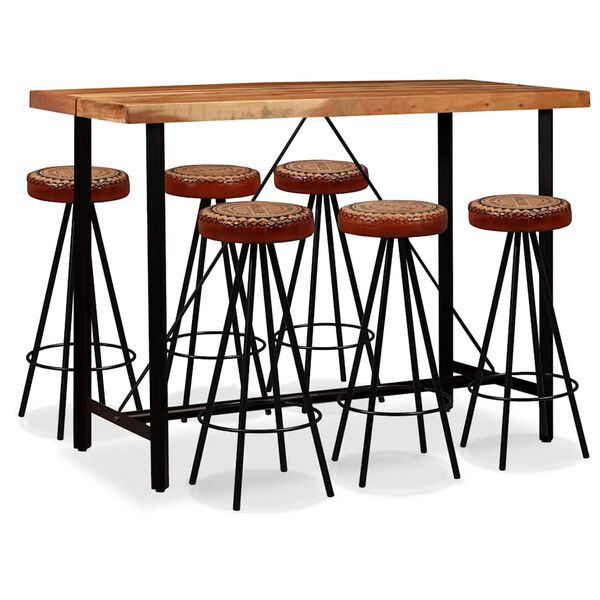 vidaXL Ensemble de bar 7 pcs Bois d'acacia Cuir v&eacute;ritable et toile