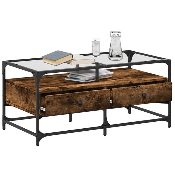 vidaXL Table basse avec dessus en verre ch&ecirc;ne fum&eacute; 98,5x50x45 cm acier