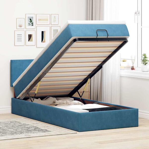 vidaXL Cadre de lit ottoman avec matelas bleu fonc&eacute; 90x200 cm velours