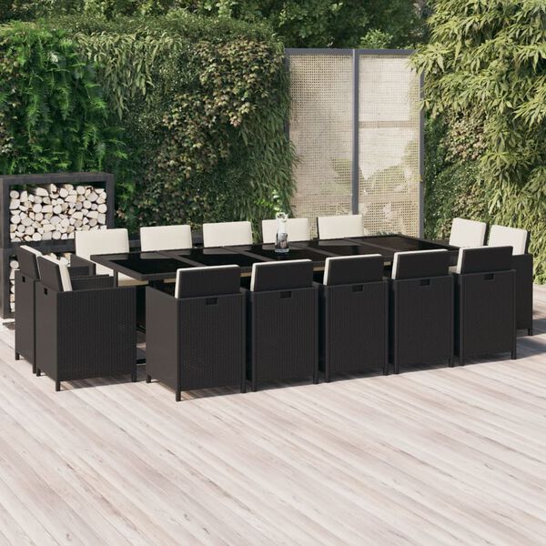 vidaXL Ensemble &agrave; manger de jardin coussins 15 pcs R&eacute;sine tress&eacute;e Noir