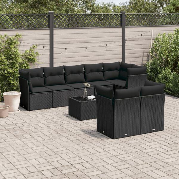 vidaXL Salon de jardin 9 pcs avec coussins noir r&eacute;sine tress&eacute;e
