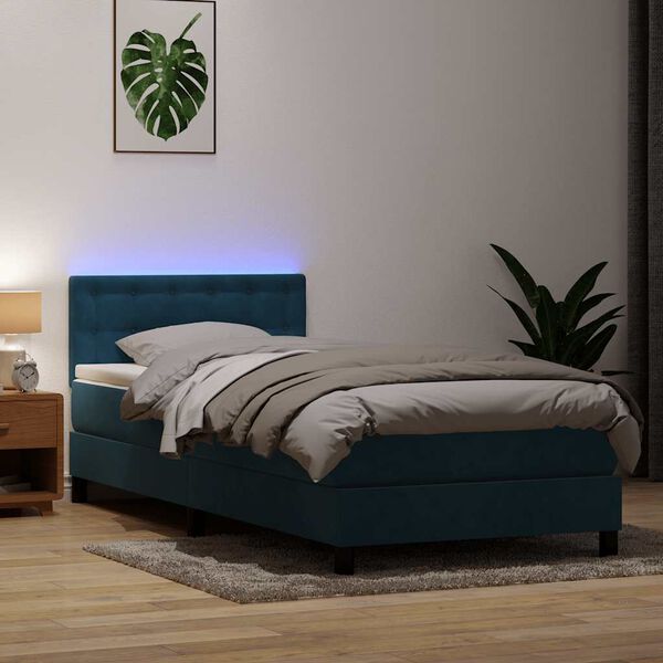 vidaXL Sommier &agrave; lattes de lit et matelas et LED bleu fonc&eacute; 100x210cm velours