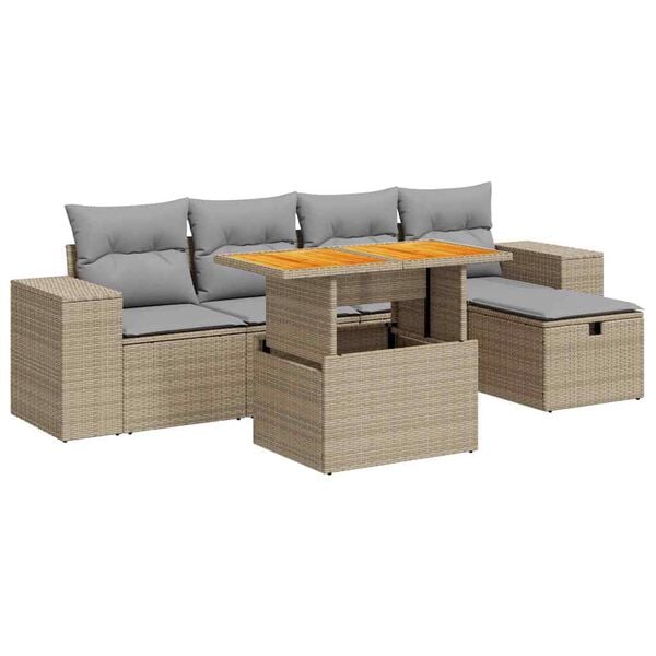 vidaXL Salon de jardin 6 pcs avec coussins beige r&eacute;sine tress&eacute;e acacia