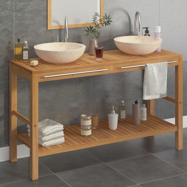 vidaXL Armoire de toilette en teck solide avec lavabos en marbre Cr&egrave;me