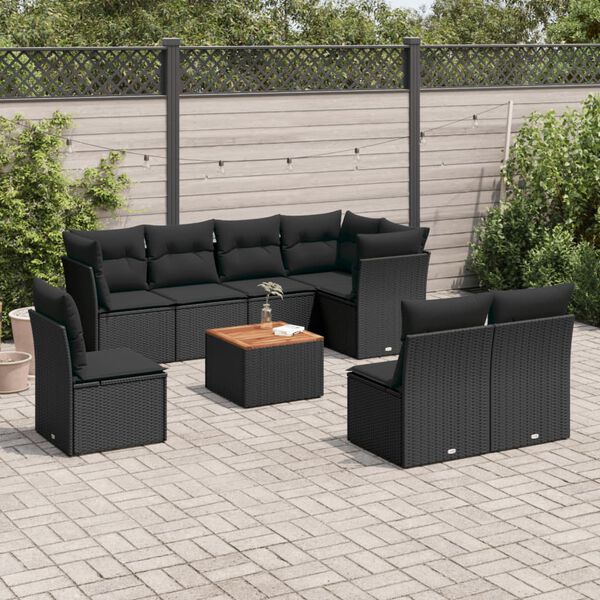 vidaXL Salon de jardin 9 pcs avec coussins noir résine tressée