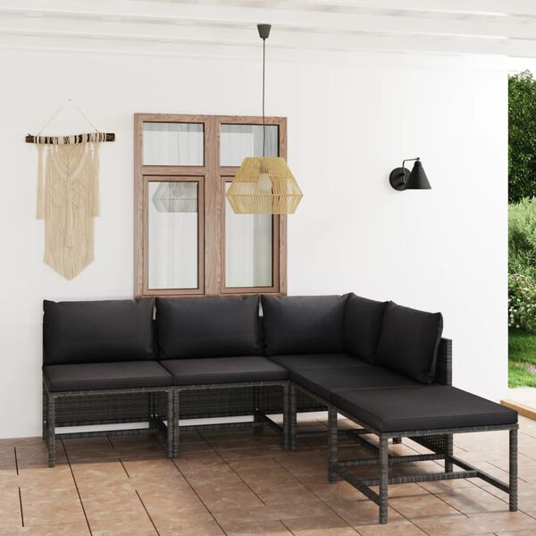 vidaXL Salon de jardin 5 pcs avec coussins Résine tressée Gris