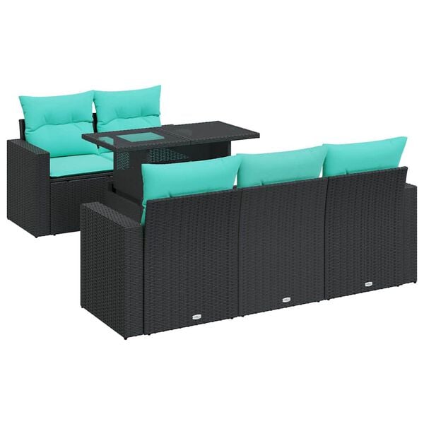 vidaXL Salon de jardin 6 pcs avec coussins noir r&eacute;sine tress&eacute;e acacia