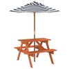 vidaXL Table de pique-nique pour 4 enfants avec parasol bois de sapin