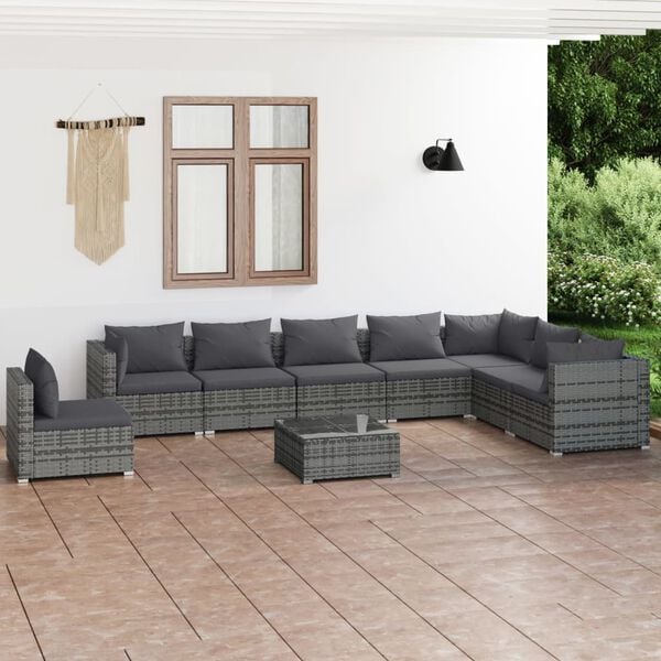 vidaXL Salon de jardin 9 pcs avec coussins R&eacute;sine tress&eacute;e Gris